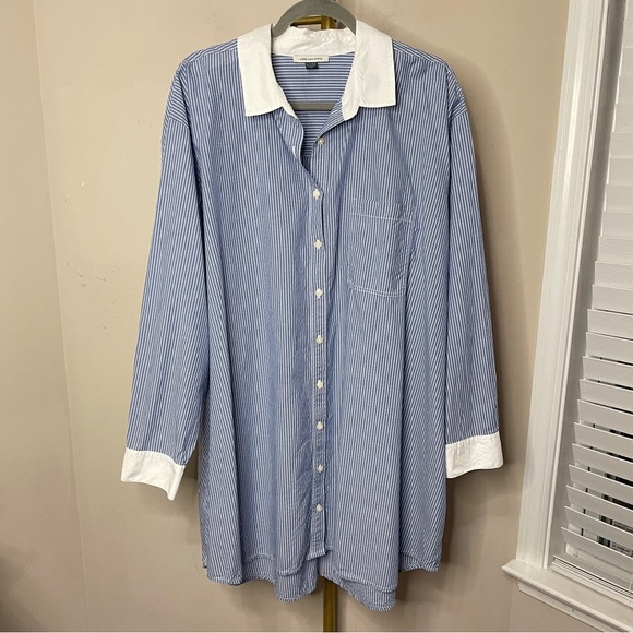 AMERICAN EAGLE AE Button Up Shirt Dress in Blue & White Pinstripe, XL - Picture 4 of 12